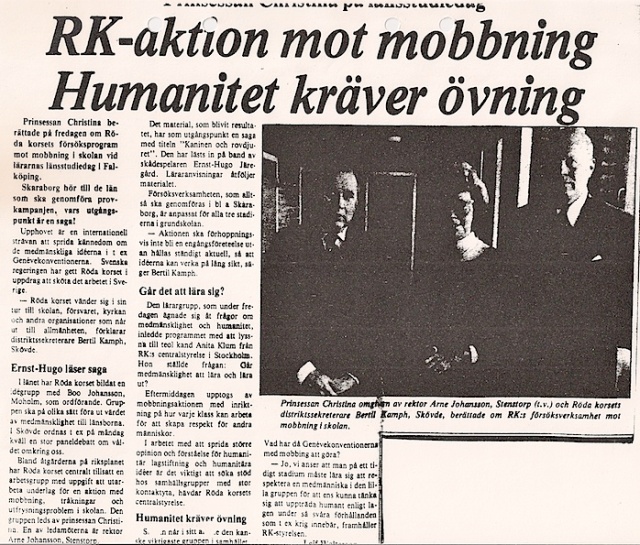 RK-aktion mot mobbning - Humanitet kräver övning" 6 okt 1979, Skövde nyheter Text: Leif Walterson